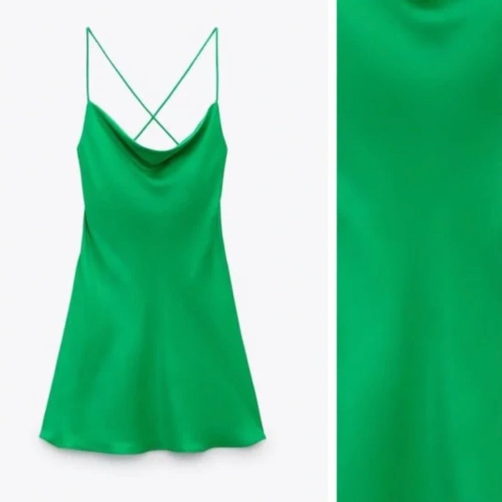 NWOT ZARA Satin Effect Low Back Mini Dress in Green Size S